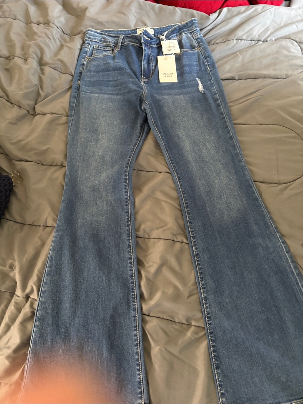 Washed Blue Flare Jeans with Subtle Distress - Unbranded